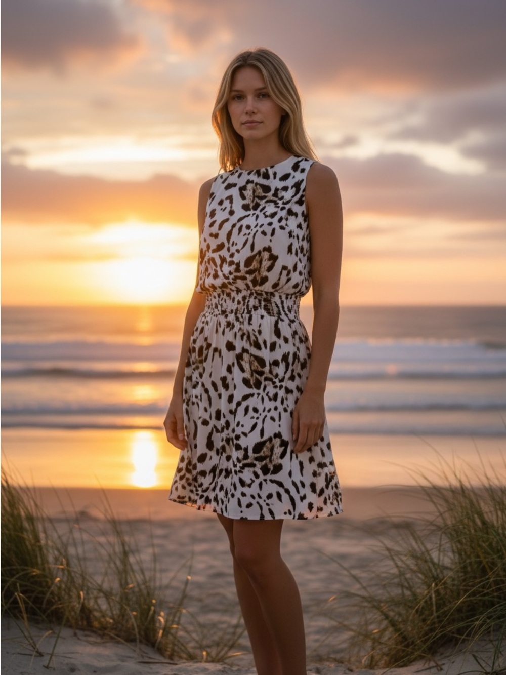 Vince Camuto White, Black and Brown Animal-Print Sleeveless Midi Dress
